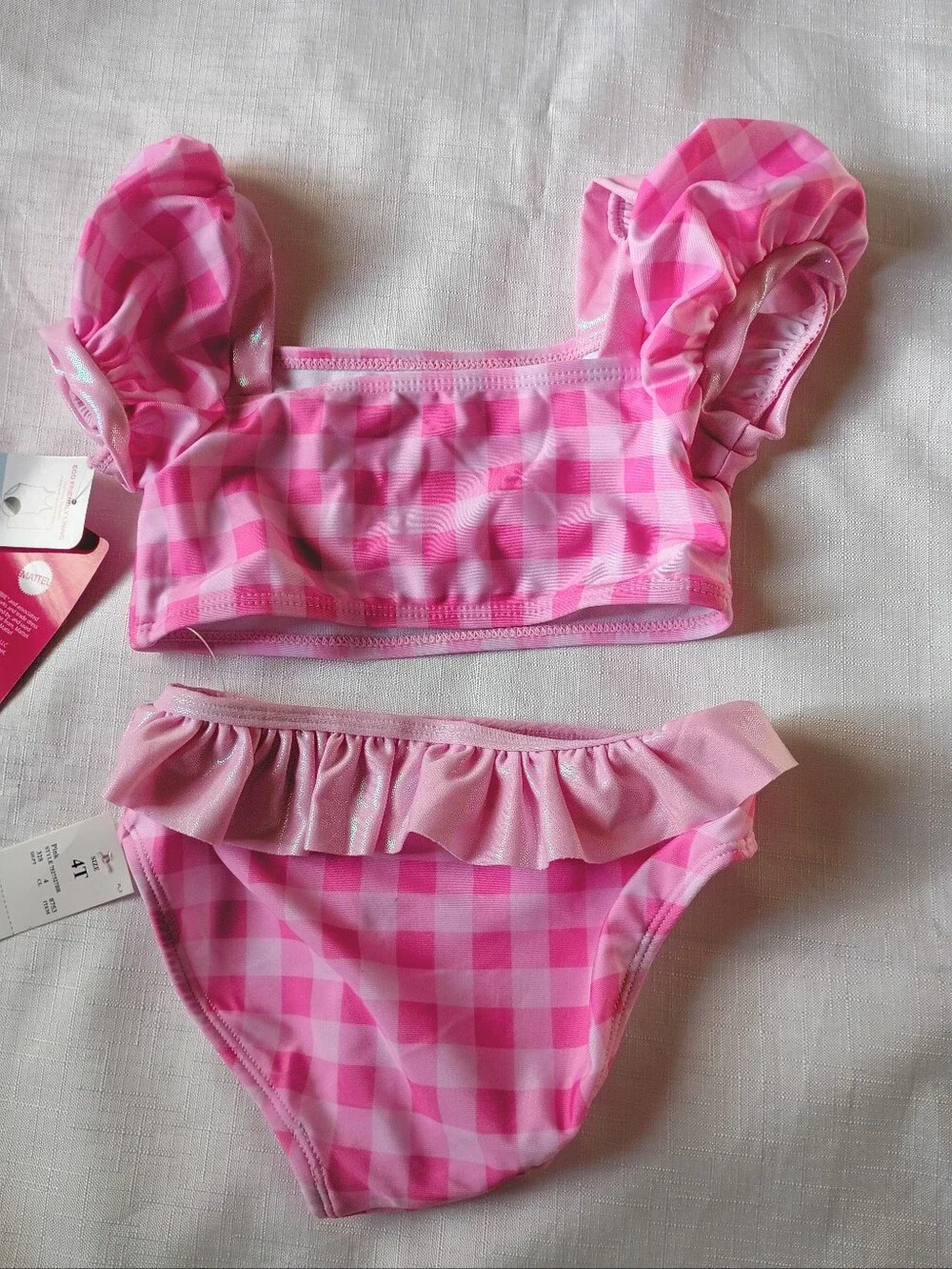 Barbie Girl's Pink Gingham Ruffle Two-Piece Swim Set Bikini Tankini Size 4